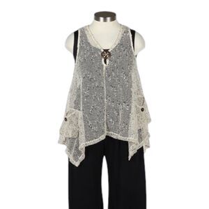 Kaktus Mesh Crochet Lagenlook Oversized Sheer Sleeveless Blouse Cream Medium